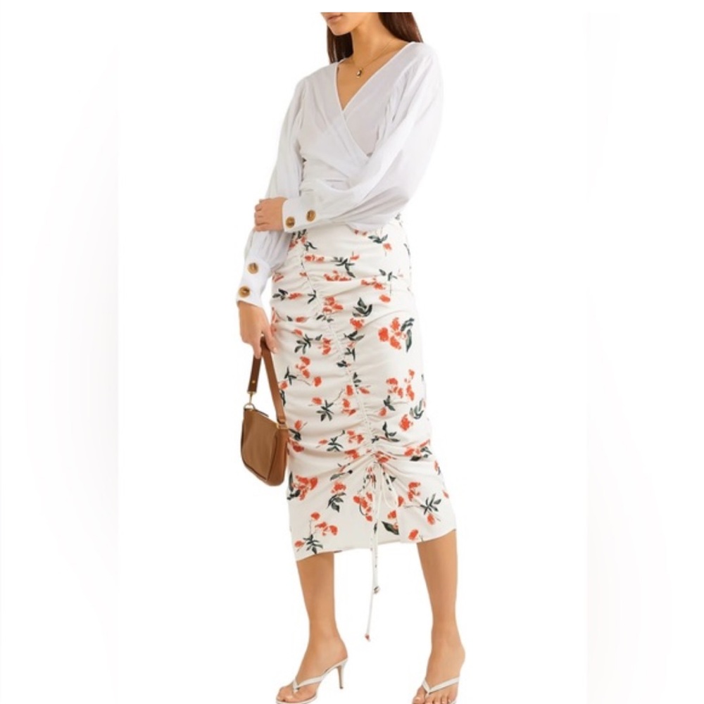 White Floral Asymmetric Ruched Midi Skirt